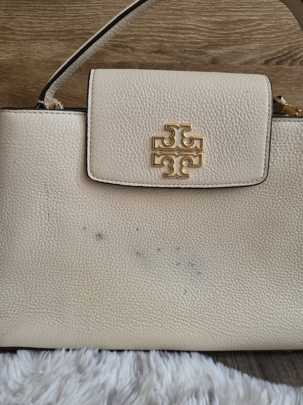 Tory Burch Cream Pebbled Leather Top-Handle Satchel with Gold Logo - Picture 11 of 11